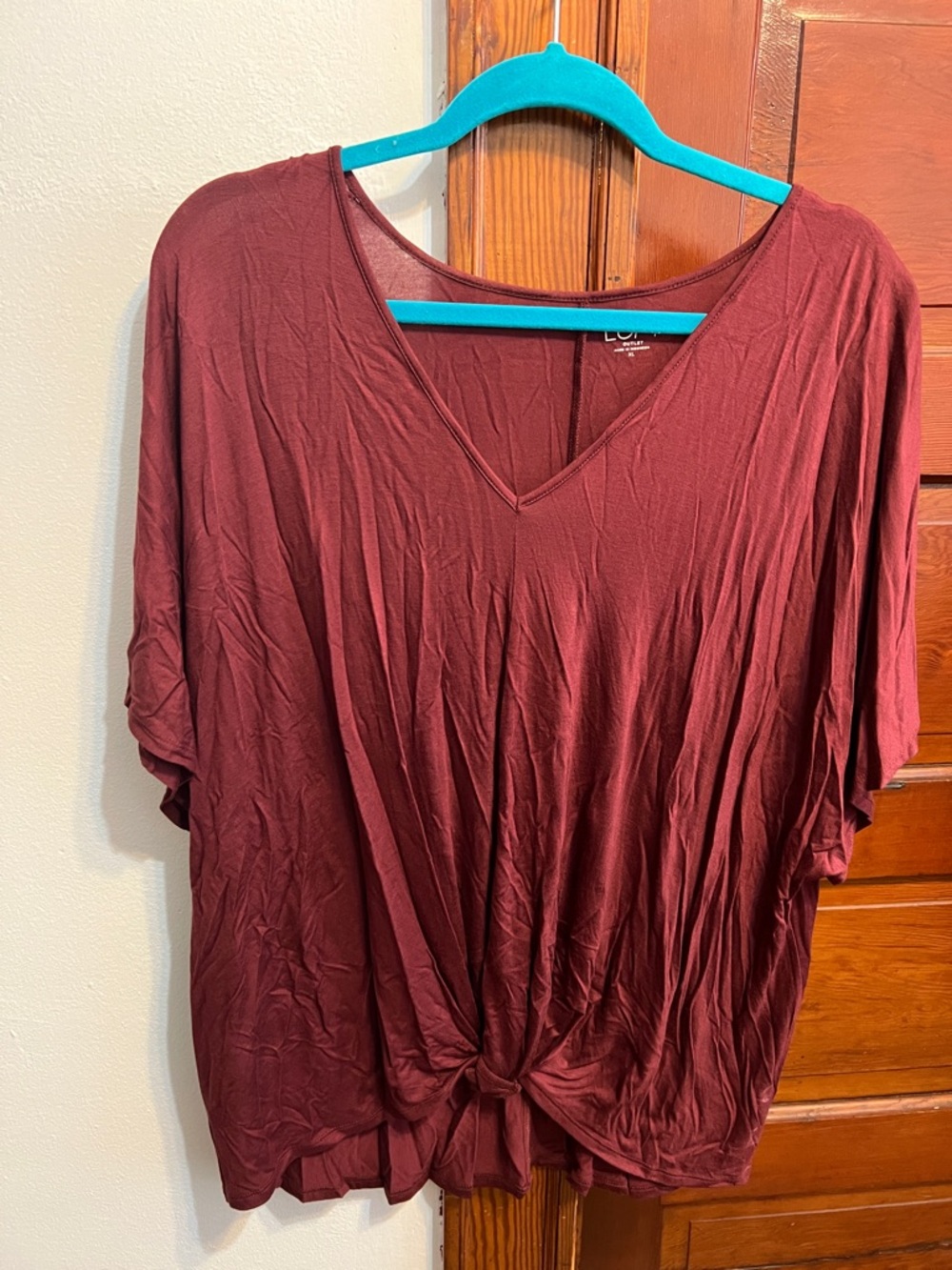Casual V-Neck Knot Front Top - Burgundy